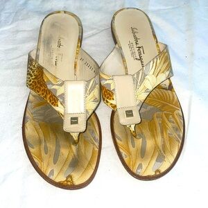 Salvatore Ferragamo sandals ivory and jungle yellow and grey cat size 7B leather